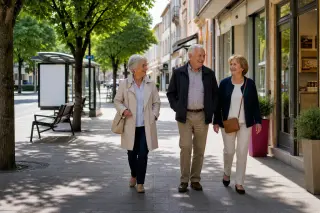 Des seniors marchent tranquillement sur un trottoir arboré à Colomiers, devant des commerces de proximité sous une lumière douce, évoquant un cadre de vie agréable et pratique proche de Toulouse.