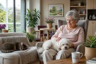 Salon clair d'une résidence senior, une femme âgée assise caressant un petit chien sur ses genoux, un chat dort sur le canapé à côté, ambiance apaisante et lumineuse.