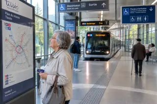 Senior woman consulting a metro map in a bright Toulouse station with a modern train arriving and clear accessibility features in view.