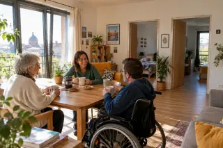 Trois personnes de générations et profils différents échangent paisiblement dans un salon commun lumineux et moderne d’un habitat inclusif à Toulouse, autour d’une table basse, avec des plantes et des fenêtres laissant entrer la lumière naturelle.