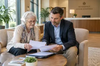 Senior woman and her adult son attentively reading documents together in a bright, modern senior residence lobby with natural light and cozy furnishings.