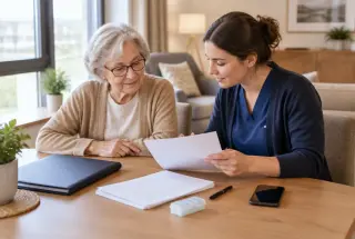 Une résidente senior échange avec une infirmière autour d’un dossier de santé et d’un pilulier dans un appartement lumineux.