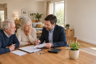 Couple de seniors échangeant avec un conseiller autour de documents et de clés pour préparer la vente de leur logement.